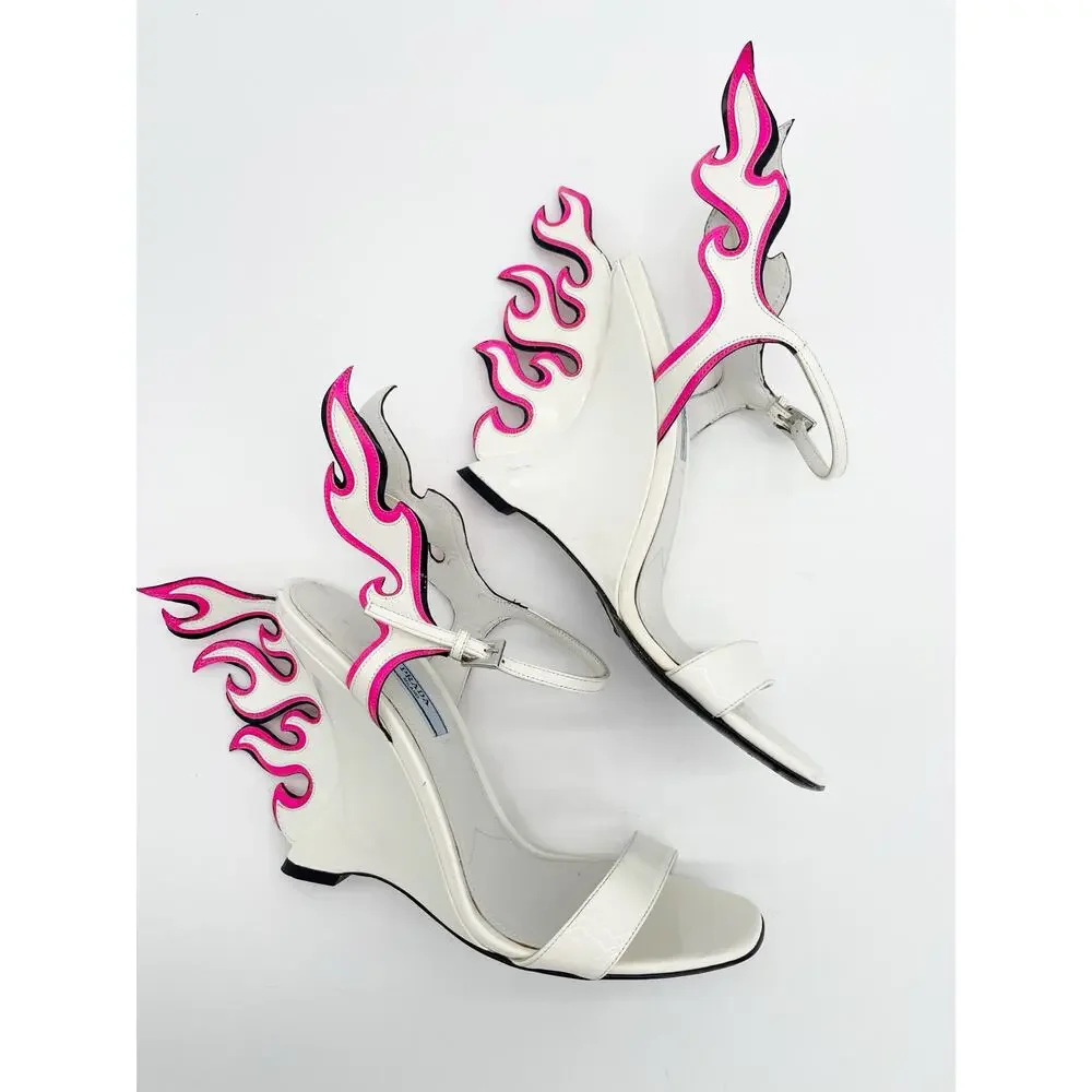 Prada Flame Wedge Sandals White Patent Neon Pink 2018 Reissue Hotrod Heels IT 38 - Picture 6 of 16